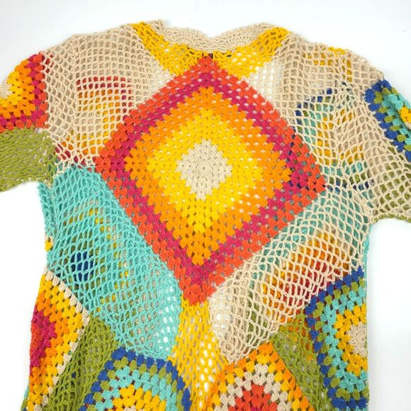 BOSTON PROPER Vibrant Crochet Duster Knit 70s Grandma Boho Hippie Artsy Festival - Picture 9 of 11